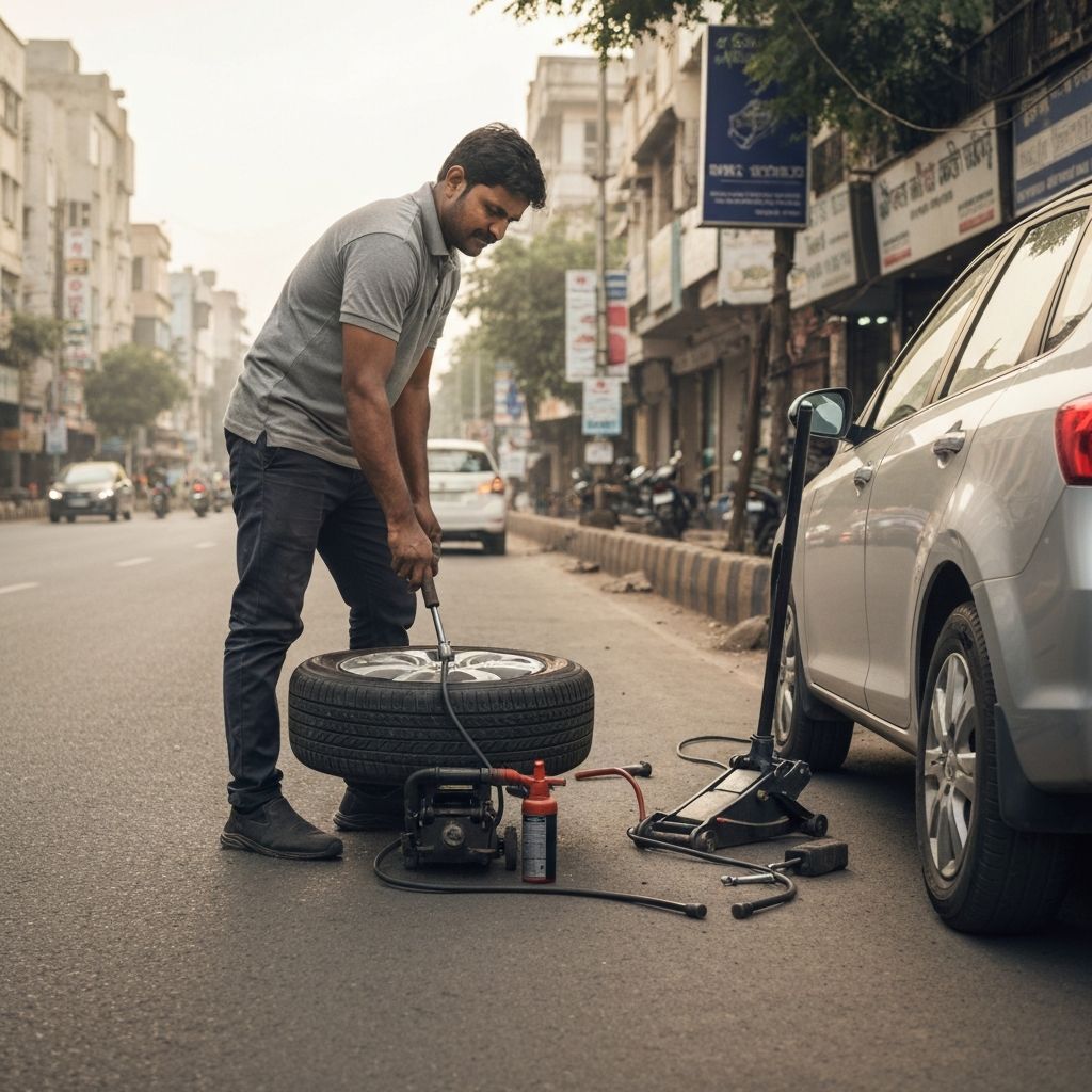 Mechanic repairing a car tyre on a roadside in Noida
